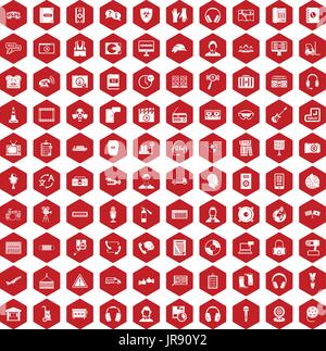 100 headphones icons hexagon red Stock Vector
