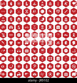 100 health icons hexagon red Stock Vector