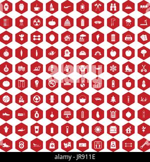 100 healthy lifestyle icons hexagon red Stock Vector