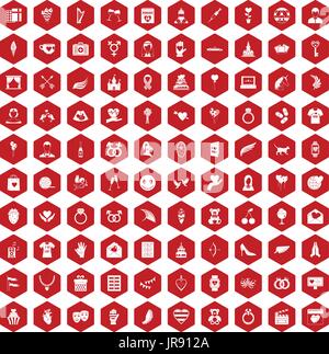 100 heart icons hexagon red Stock Vector
