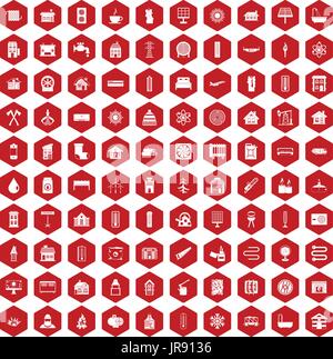 100 heating icons hexagon red Stock Vector