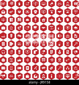 100 help desk icons hexagon red Stock Vector