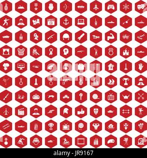 100 hero icons hexagon red Stock Vector
