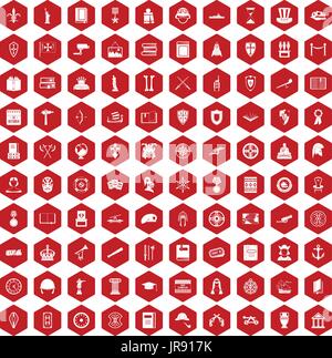 100 history icons hexagon red Stock Vector