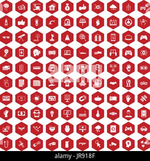100 hi-tech icons hexagon red Stock Vector