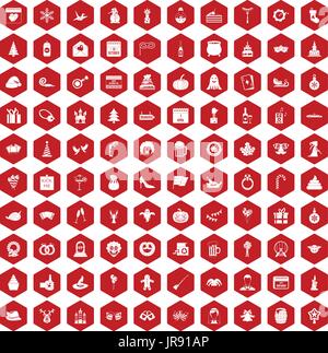 100 holidays icons hexagon red Stock Vector