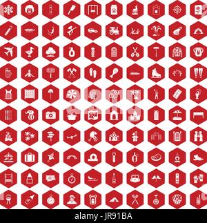 100 holidays family icons hexagon red Stock Vector