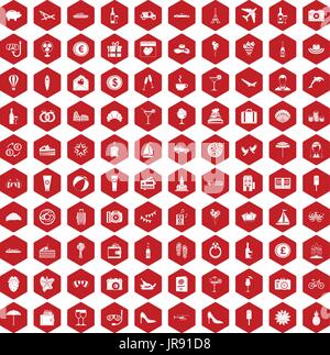 100 honeymoon icons hexagon red Stock Vector