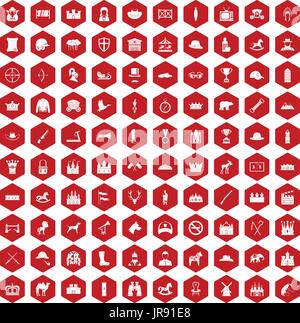 100 horsemanship icons hexagon red Stock Vector