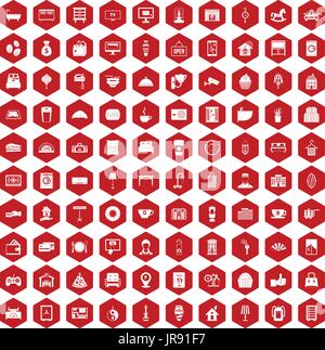 100 hotel icons hexagon red Stock Vector
