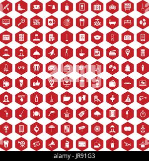 100 hotel services icons hexagon red Stock Vector