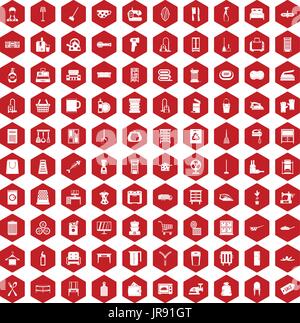 100 housework icons hexagon red Stock Vector