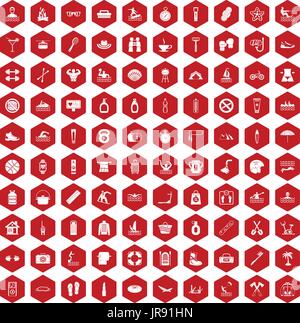 100 human health icons hexagon red Stock Vector