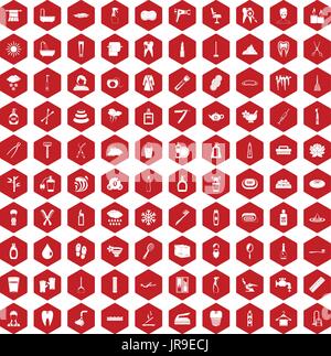 100 hygiene icons hexagon red Stock Vector