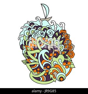 Cartoon hand drawn doodles on sea style. Wave colorful pattern. Vector illustration. Stock Vector