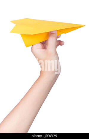 hand holding paper plane isolated on white Stock Photo