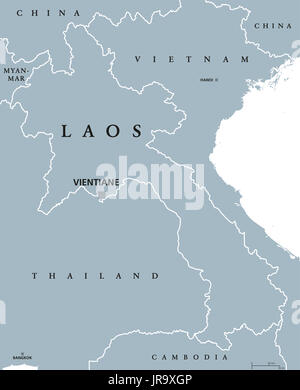 Laos political map with capital Vientiane and borders. English labeling. The Lao Peoples Democratic Republic, colloquial name Muang Lao. Stock Photo