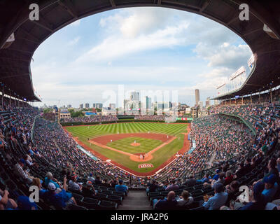 A fisheye, wide angle view of Wrigley Field during a Chicago Cubs and San Francisco Giants baseball game on August 20, 2014. Wrigley Field, Chicago. Stock Photo