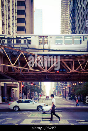 A view of the Chicago 'L' train, looking down Dearborn Street from Lake Street, Chicago, Illinois. Stock Photo