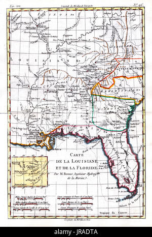 1780 Bonne Antique Map of the United Sates South including Florida, Georgia, Alabama, Mississippi, Louisiana, North and South Carolina Stock Photo