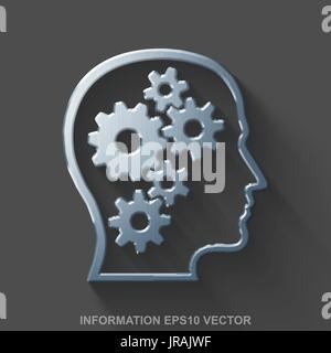 Flat metallic Data 3D icon. Polished Steel Head With Gears on Gray background. EPS 10, vector. Stock Vector