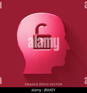 Flat metallic business 3D icon. Red Glossy Metal Head With Padlock on Red background. EPS 10, vector. Stock Vector