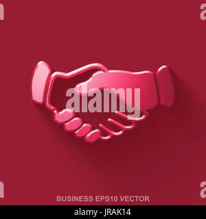 Flat metallic finance 3D icon. Red Glossy Metal Handshake on Red background. EPS 10, vector. Stock Vector