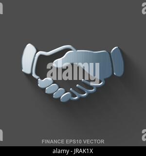 Flat metallic finance 3D icon. Polished Steel Handshake on Gray background. EPS 10, vector. Stock Vector