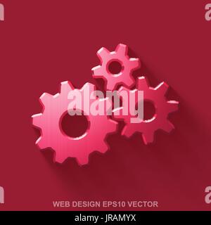 Flat metallic web development 3D icon. Red Glossy Metal Gears on Red background. EPS 10, vector. Stock Vector