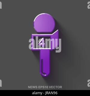 Flat metallic news 3D icon. Purple Glossy Metal Microphone on Gray background. EPS 10, vector. Stock Vector