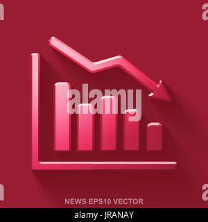 Flat metallic news 3D icon. Red Glossy Metal Decline Graph on Red background. EPS 10, vector. Stock Vector