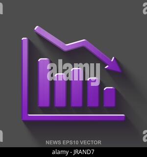 Flat metallic news 3D icon. Purple Glossy Metal Decline Graph on Gray background. EPS 10, vector. Stock Vector