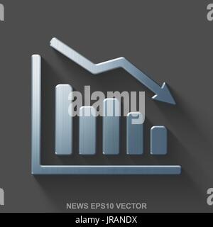 Flat metallic news 3D icon. Polished Steel Decline Graph on Gray background. EPS 10, vector. Stock Vector