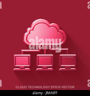 Flat metallic cloud computing 3D icon. Red Glossy Metal Cloud Network on Red background. EPS 10, vector. Stock Vector