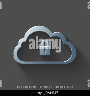 Flat metallic cloud computing 3D icon. Polished Steel Cloud With Padlock on Gray background. EPS 10, vector. Stock Vector