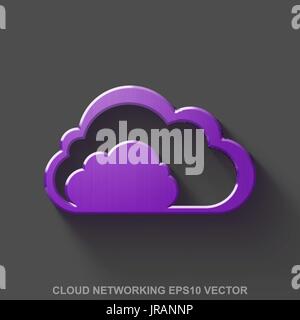Flat metallic cloud computing 3D icon. Purple Glossy Metal Cloud on Gray background. EPS 10, vector. Stock Vector