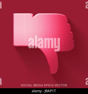 Flat metallic social network 3D icon. Red Glossy Metal Thumb Down on Red background. EPS 10, vector. Stock Vector