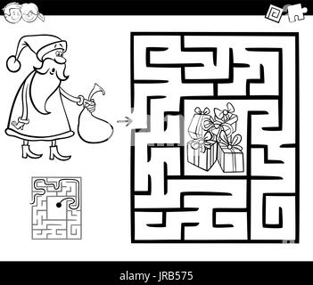 Black and White Cartoon Illustration of Education Maze or Labyrinth Game for Children with Christmas Santa Claus Coloring Page Stock Vector