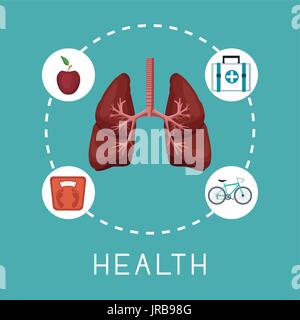 color background with lungs organ in center with icons around text health Stock Vector