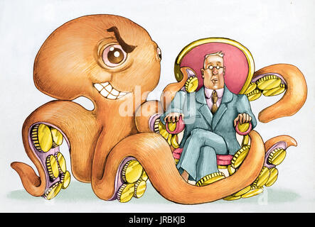 A rain with coins in the tentacles wraps an attentive politician sitting on his armchair Stock Photo