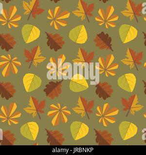 Seamless pattern with chestnut, oak, aspen and maple leaves on olive green background Stock Vector