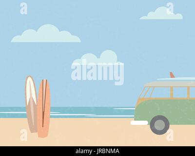 Vintage styled surfing scene illustration. Beach with surfboards and surfer van. Stock Vector