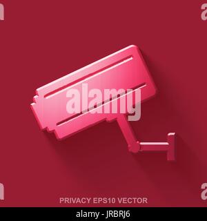 Flat metallic protection 3D icon. Red Glossy Metal Cctv Camera on Red background. EPS 10, vector. Stock Vector