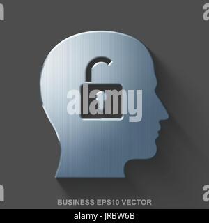 Flat metallic business 3D icon. Polished Steel Head With Padlock on Gray background. EPS 10, vector. Stock Vector