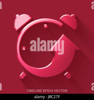 Flat metallic time 3D icon. Red Glossy Metal Alarm Clock on Red background. EPS 10, vector. Stock Vector
