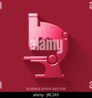 Flat metallic Science 3D icon. Red Glossy Metal Microscope on Red background. EPS 10, vector. Stock Vector