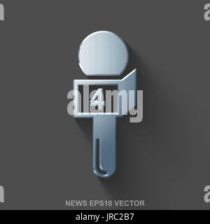 Flat metallic news 3D icon. Polished Steel Microphone on Gray background. EPS 10, vector. Stock Vector