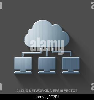 Flat metallic cloud computing 3D icon. Polished Steel Cloud Network on Gray background. EPS 10, vector. Stock Vector