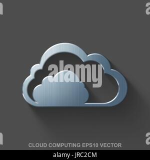 Flat metallic cloud computing 3D icon. Polished Steel Cloud on Gray background. EPS 10, vector. Stock Vector