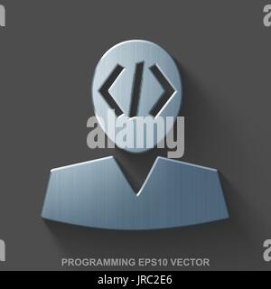 Flat metallic Software 3D icon. Polished Steel Programmer on Gray background. EPS 10, vector. Stock Vector